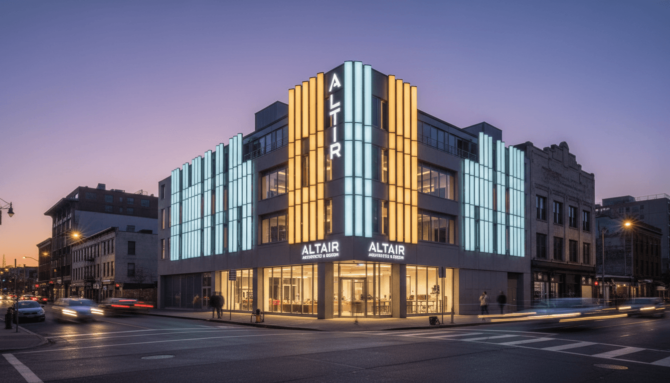 Branded retail entrance with integrated digital display and professional lighting
