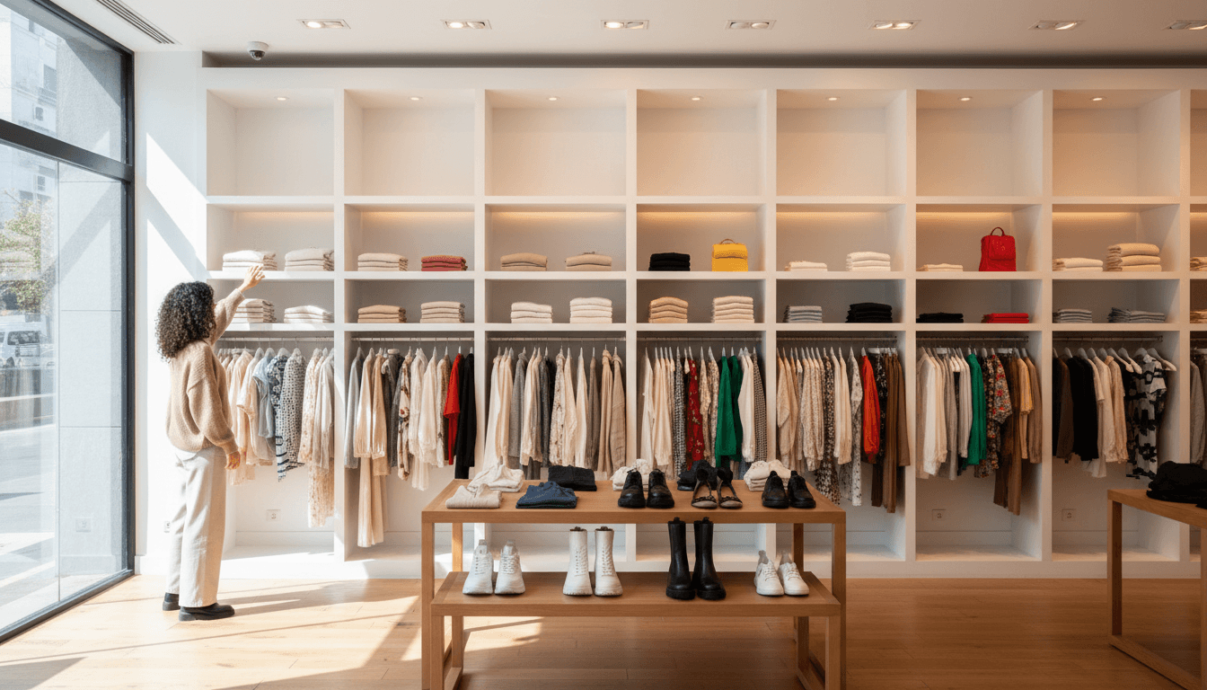 Contemporary retail space with curated product displays and professional in-store audio system